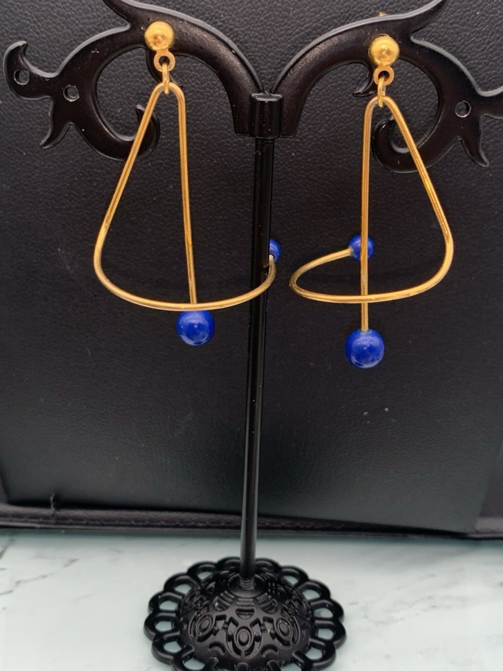 Vintage Gold tone atomic spiral abstract Hoop Drop Earrings with Blue Bead
